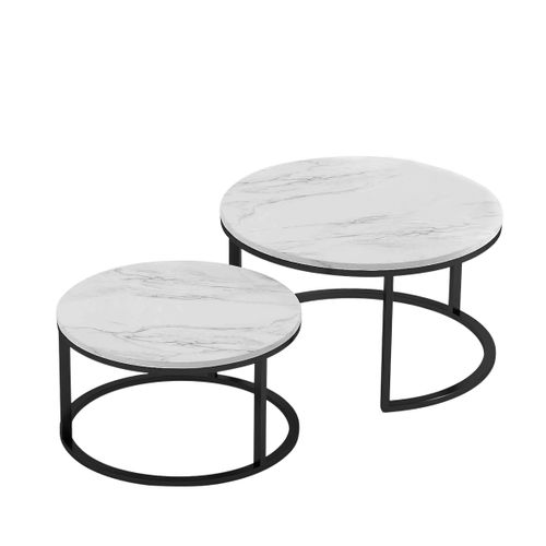 Lot De 2 Tables Basses Gigognes, Avec Marbré Brillant, Noir Et Blanc