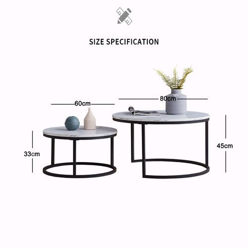 Lot De 2 Tables Basses Gigognes, Avec Marbré Brillant, Noir Et Blanc