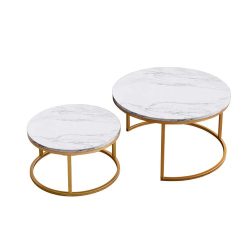 Lot De 2 Tables Basses Gigognes, Avec Marbré Brillant, Or Et Blanc
