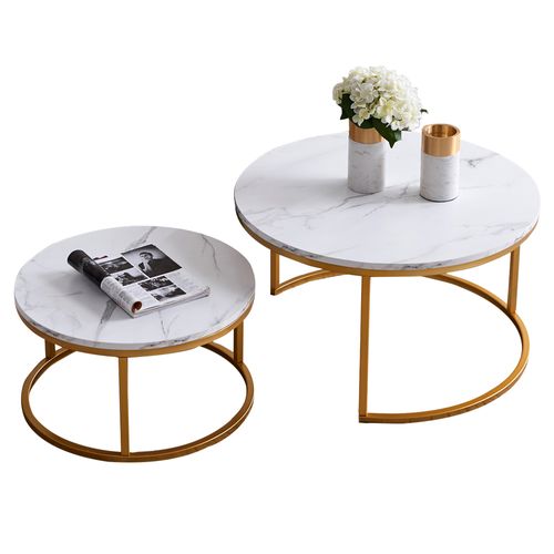 Lot De 2 Tables Basses Gigognes, Avec Marbré Brillant, Or Et Blanc