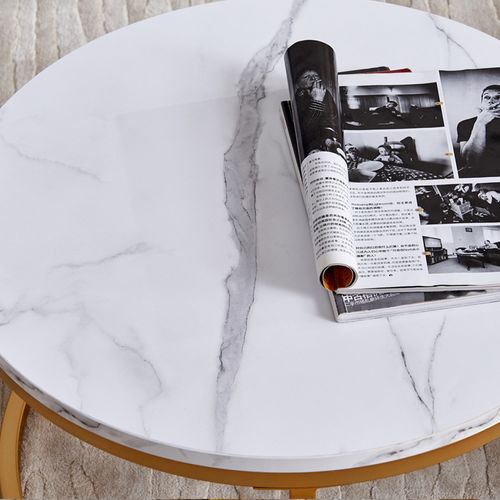 Lot De 2 Tables Basses Gigognes, Avec Marbré Brillant, Or Et Blanc