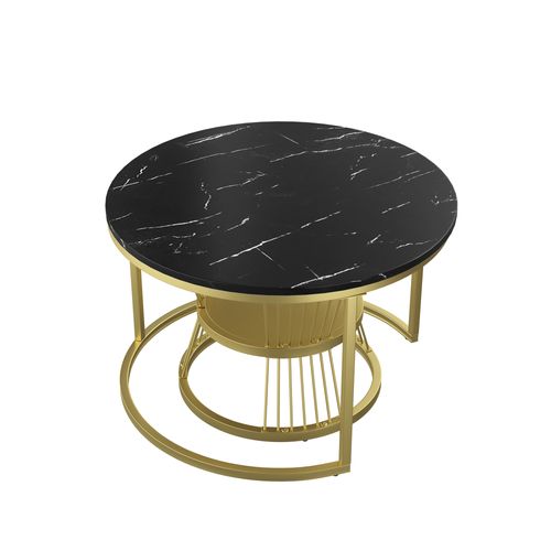 Lot De 2 Tables Basse, Table De Salon Gigognes Ronde, Noir Et Blanc