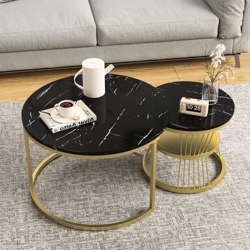 Lot De 2 Tables Basse, Table De Salon Gigognes Ronde, Noir Et Blanc