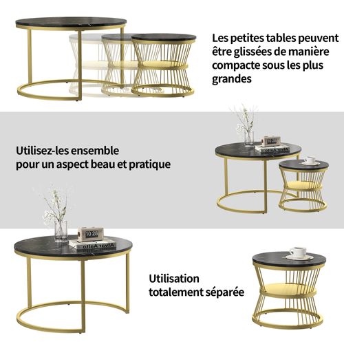 Lot De 2 Tables Basse, Table De Salon Gigognes Ronde, Noir Et Blanc
