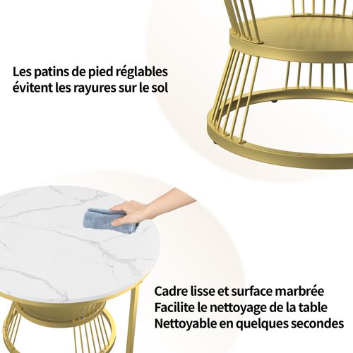 Lot De 2 Tables Basse, Table De Salon Gigognes Ronde, Doré Et Blanc