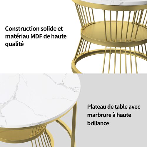 Lot De 2 Tables Basse, Table De Salon Gigognes Ronde, Doré Et Blanc