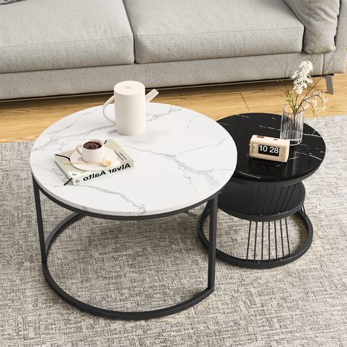Lot De 2 Tables Basse, Table De Salon Gigognes Ronde, Noir Et Blanc