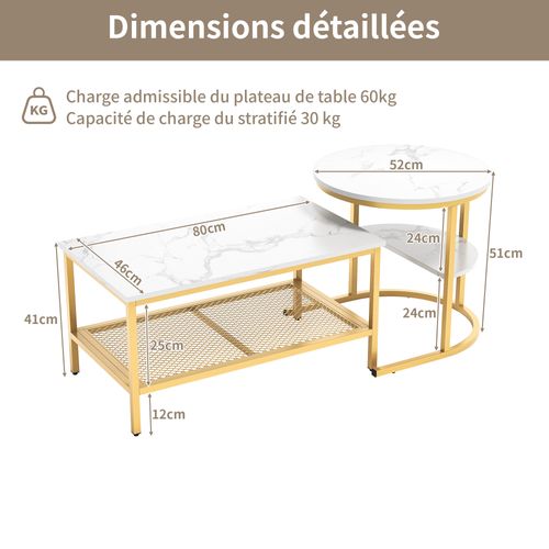 Tables Basses Gigognes Lot De 2, Table Gigogne Design Marbre, Cadre En Métal Doré