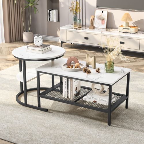 Tables Basses Gigognes Lot De 2, Table Gigogne Design Marbre, Cadre En Métal Noir