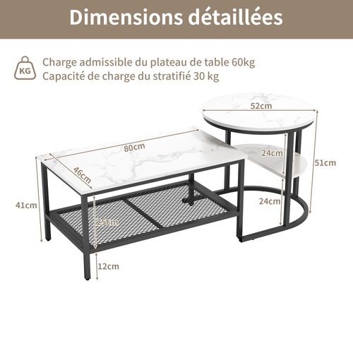 Tables Basses Gigognes Lot De 2, Table Gigogne Design Marbre, Cadre En Métal Noir