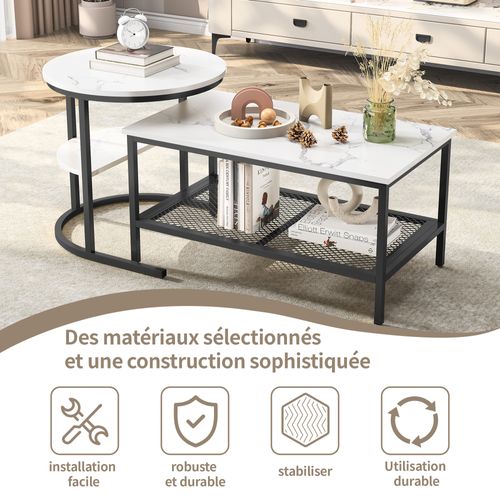 Tables Basses Gigognes Lot De 2, Table Gigogne Design Marbre, Cadre En Métal Noir