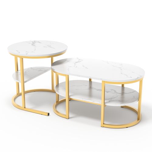 Tables Basses Gigognes Lot De 2, Table Gigogne Design Marbre, Cadre En Métal Doré