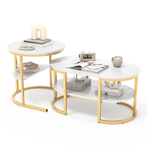 Tables Basses Gigognes Lot De 2, Table Gigogne Design Marbre, Cadre En Métal Doré