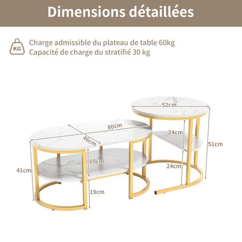 Tables Basses Gigognes Lot De 2, Table Gigogne Design Marbre, Cadre En Métal Doré