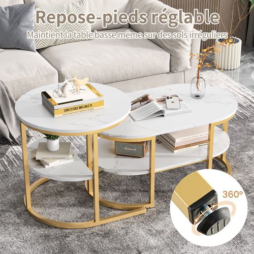 Tables Basses Gigognes Lot De 2, Table Gigogne Design Marbre, Cadre En Métal Doré