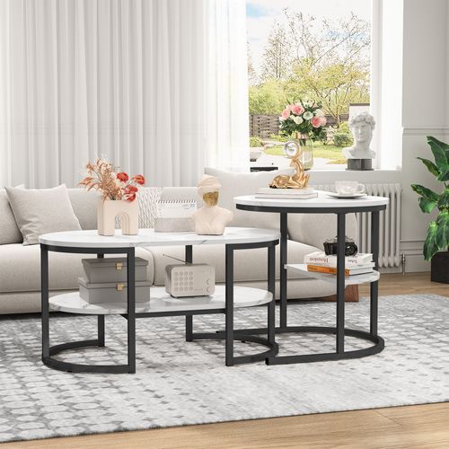 Tables Basses Gigognes Lot De 2, Table Gigogne Design Marbre, Cadre En Métal Noir