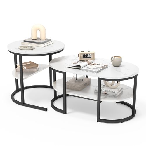 Tables Basses Gigognes Lot De 2, Table Gigogne Design Marbre, Cadre En Métal Noir