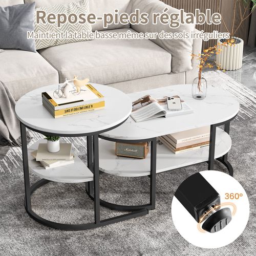 Tables Basses Gigognes Lot De 2, Table Gigogne Design Marbre, Cadre En Métal Noir
