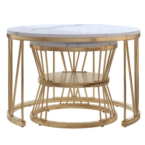 Table Basse Salon Gigogne, Placage En Marbre, Structure En Métal, Or Et Blanc