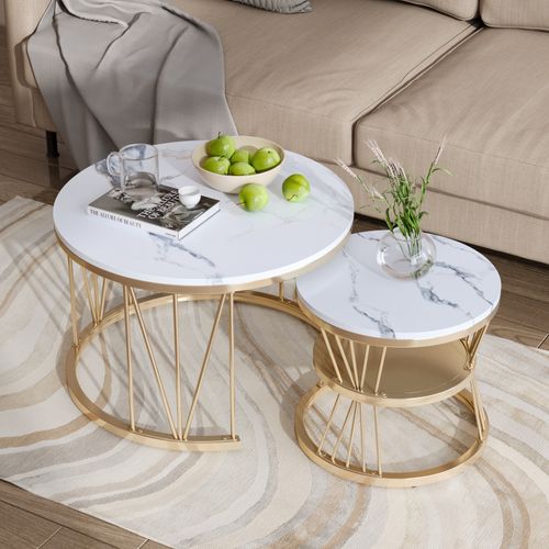 Table Basse Salon Gigogne, Placage En Marbre, Structure En Métal, Or Et Blanc