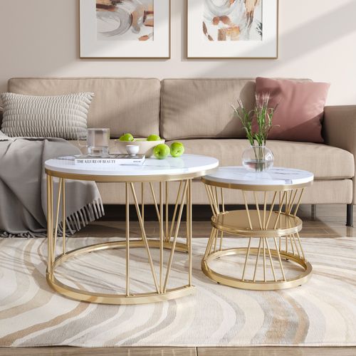 Table Basse Salon Gigogne, Placage En Marbre, Structure En Métal, Or Et Blanc