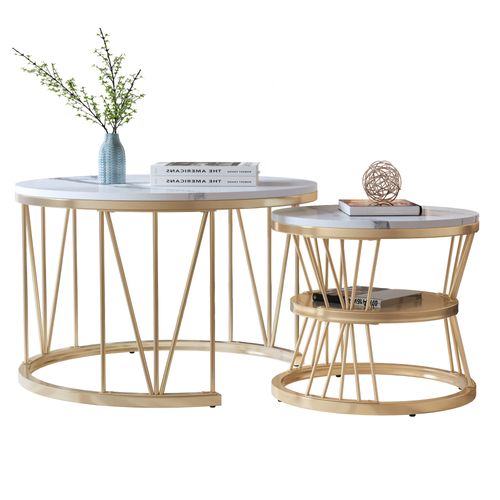 Table Basse Salon Gigogne, Placage En Marbre, Structure En Métal, Or Et Blanc