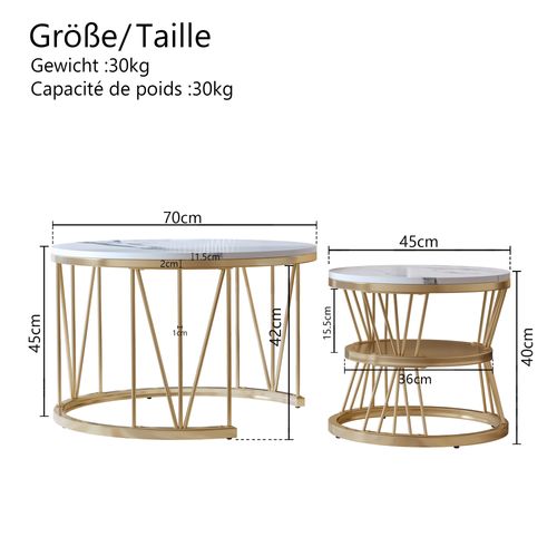 Table Basse Salon Gigogne, Placage En Marbre, Structure En Métal, Or Et Blanc