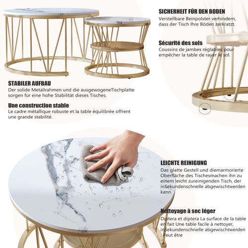 Table Basse Salon Gigogne, Placage En Marbre, Structure En Métal, Or Et Blanc