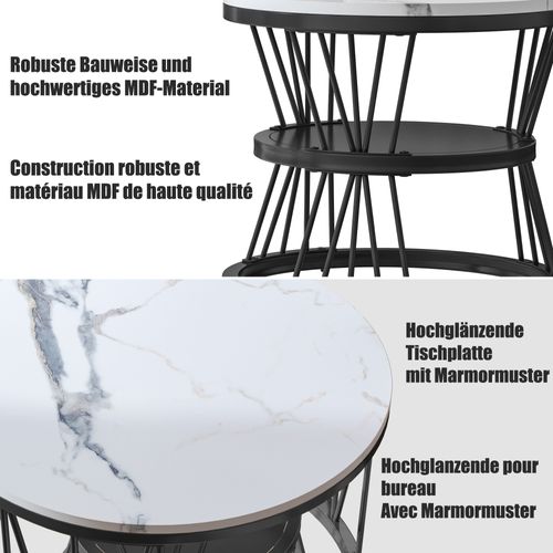 Table Basse Salon Gigogne, Placage En Marbre, Structure En Métal, Noir Et Blanc