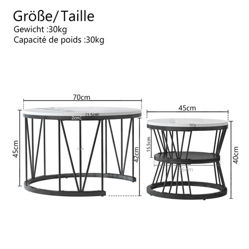 Table Basse Salon Gigogne, Placage En Marbre, Structure En Métal, Noir Et Blanc
