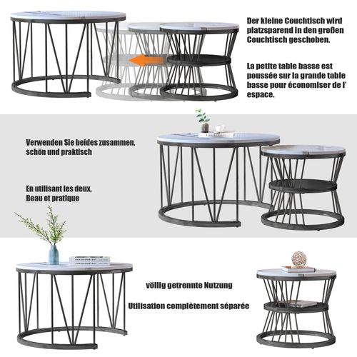 Table Basse Salon Gigogne, Placage En Marbre, Structure En Métal, Noir Et Blanc