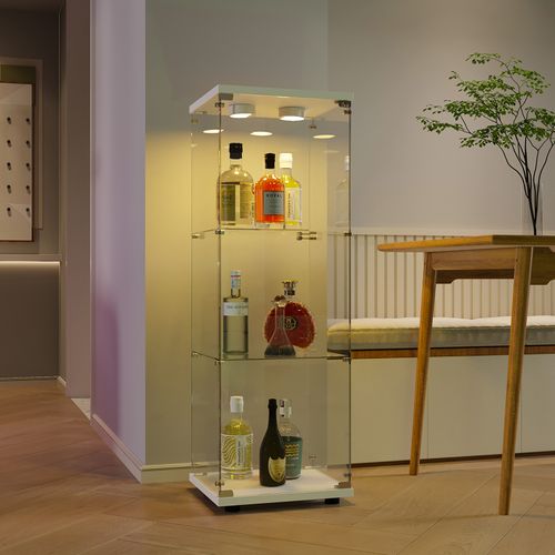 Vitrine En Verre - 3 Étagères - Avec LEDs, Lumière Et Serrure, Blanc