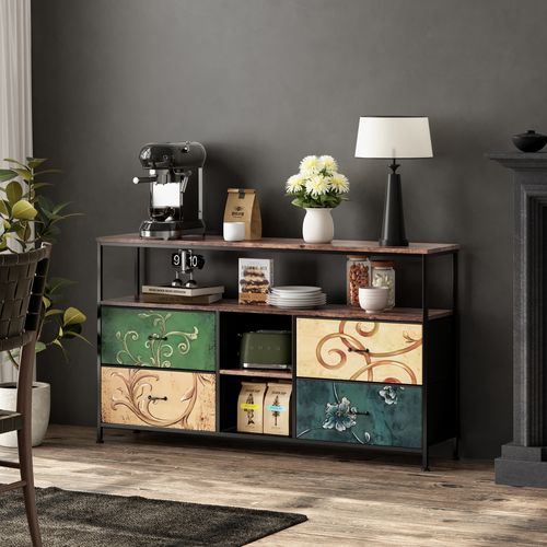 Meuble TV LED Avec 4 Tiroirs, 108x30x78cm Banc TV Rétro Buffet, Tiroirs Colorés