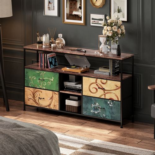 Meuble TV LED Avec 4 Tiroirs, 108x30x78cm Banc TV Rétro Buffet, Tiroirs Colorés