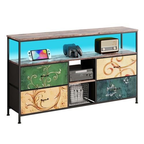 Meuble TV LED Avec 4 Tiroirs, 108x30x78cm Banc TV Rétro Buffet, Tiroirs Colorés