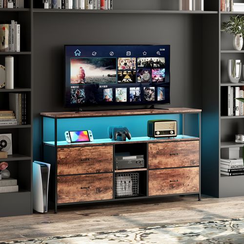 Meuble TV LED Avec 4 Tiroirs, 137x30x78cm Banc TV Rétro Buffet, Tiroir Bois