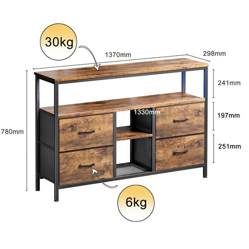 Meuble TV LED Avec 4 Tiroirs, 137x30x78cm Banc TV Rétro Buffet, Tiroir Bois
