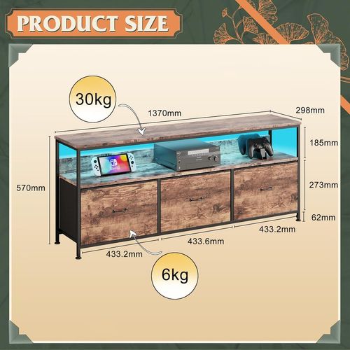 Meuble TV LED Avec 3 Tiroirs, 137x30x57cm Banc TV Rétro Buffet, Tiroir Bois