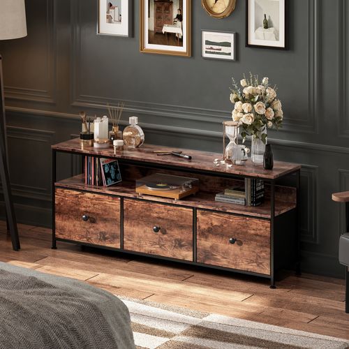 Meuble TV LED Avec 3 Tiroirs, 137x30x57cm Banc TV Rétro Buffet, Tiroir Bois