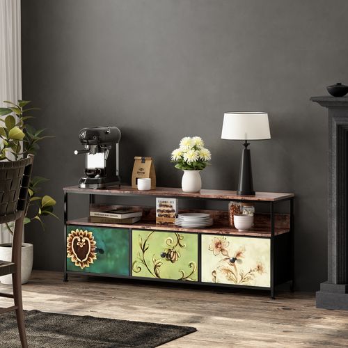 Meuble TV LED Avec 3 Tiroirs, 137x30x57cm Banc TV Rétro Buffet, Tiroirs Colorés
