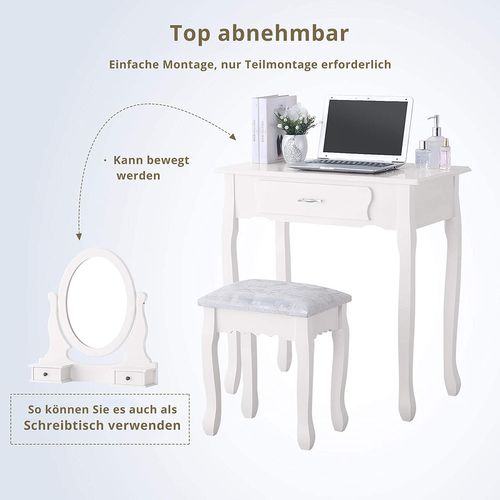 Coiffeuse, Avec Tabouret, 1 Miroirs, Miroir Pivotant Et 3 Tiroirs, Blanc
