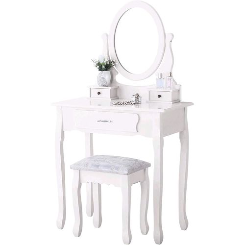 Coiffeuse, Avec Tabouret, 1 Miroirs, Miroir Pivotant Et 3 Tiroirs, Blanc
