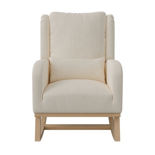 Fauteuil à bascule avec dossier haut, accoudoirs épais et poches latérales, lin