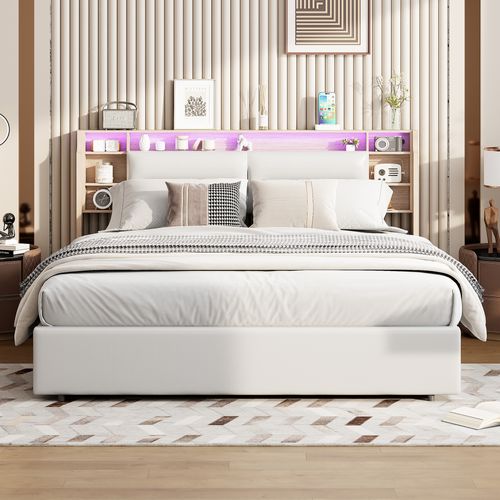 Lit Rembourré 160x200cm Lit Double Avec Et LED, Lit Coffre, Lit Fonctionnel Simili Cuir, Blanc