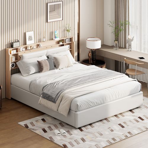 Lit Rembourré 160x200cm Lit Double Avec Et LED, Lit Coffre, Lit Fonctionnel Simili Cuir, Blanc