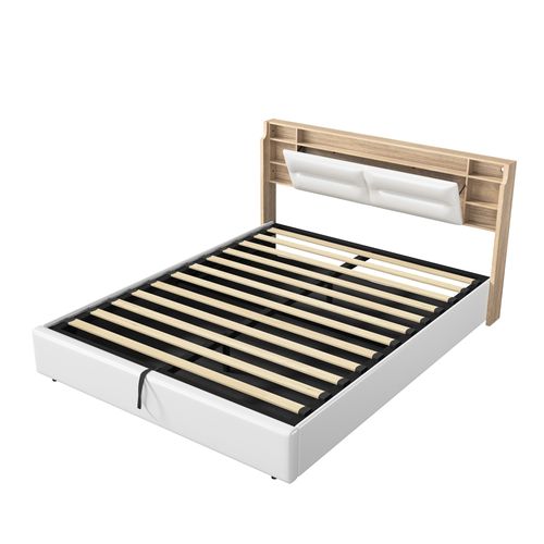 Lit Rembourré 160x200cm Lit Double Avec Et LED, Lit Coffre, Lit Fonctionnel Simili Cuir, Blanc