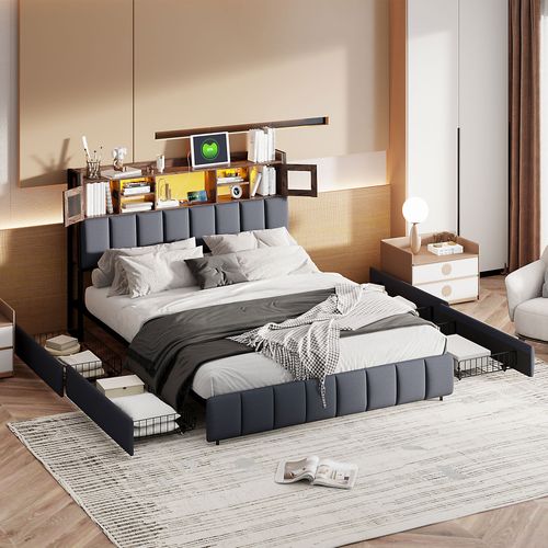 Lit Rembourré 140x200cm Avec USB Et Prises, Avec 4 Tiroirs, Avec LED, Lin,noir