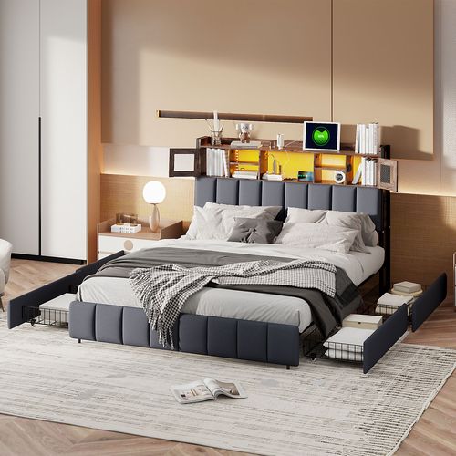 Lit Rembourré 140x200cm Avec USB Et Prises, Avec 4 Tiroirs, Avec LED, Lin,noir