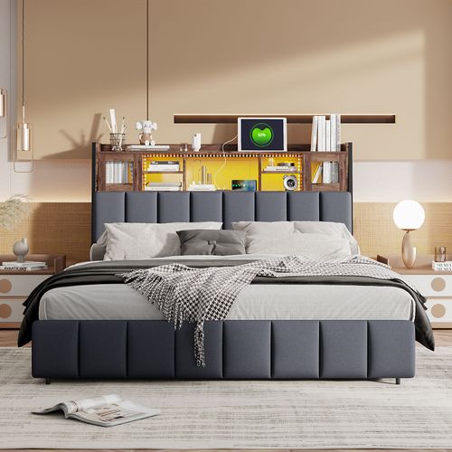 Lit Rembourré 140x200cm Avec USB Et Prises, Avec 4 Tiroirs, Avec LED, Lin,noir