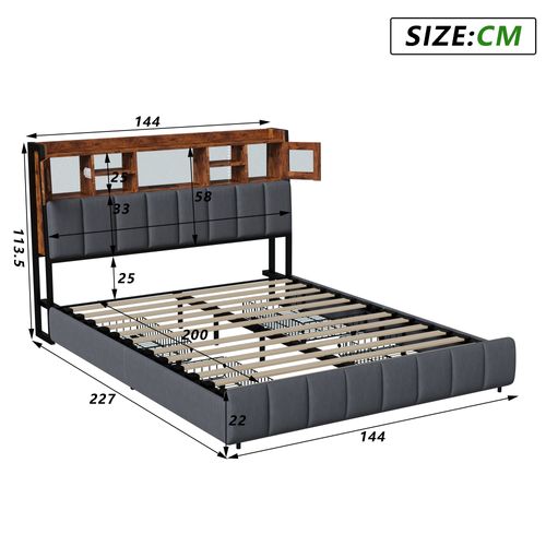 Lit Rembourré 140x200cm Avec USB Et Prises, Avec 4 Tiroirs, Avec LED, Lin,noir